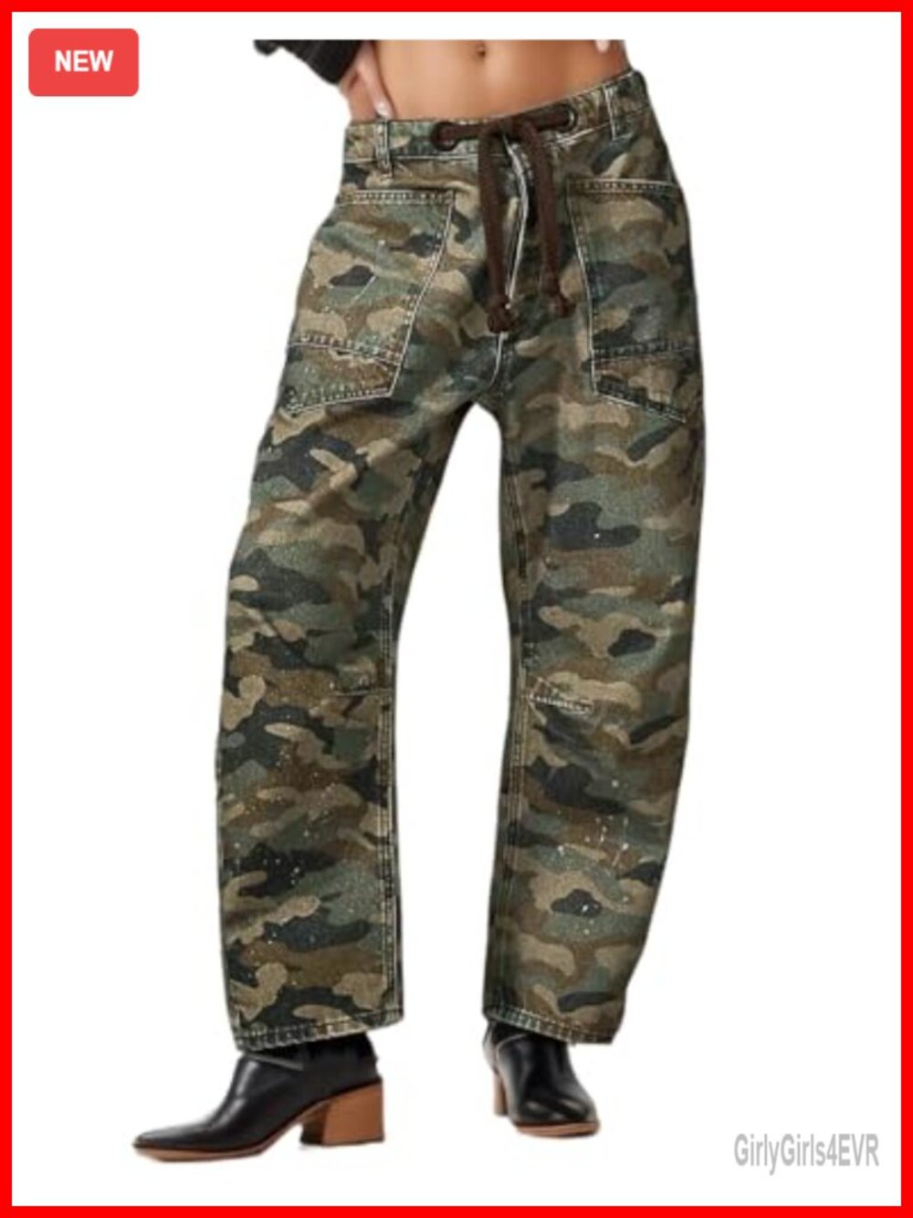 Women's Camo Barrel Jeans Mid Rise Baggy Denim Pants with Pockets